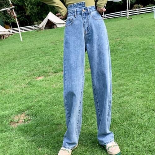 Ladies high waist wide leg jeans autumn elegant retro casual asymmetric jeans Korean version of trousers womens streetwear 2020
