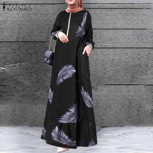 Womens Print Sundress 2021 ZANZEA Kaftan Muslim Dress Long Sleeve Abaya Hijab Vestidos Female Casual Zipper Turkish Robe Femme