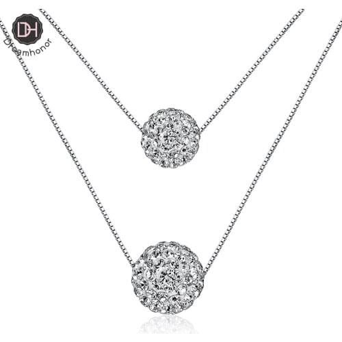 Dreamhonor Fashion 8mm With 10mm Double Full Crystal Zirconia Ball Choker Necklaces Jewelry 925 Silver Chain Necklaces