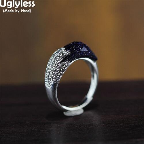 Uglyless Shinning Blue Sand Stones Women Vintage Dress Rings Real 925 Silver Yellow Chalcedony Open Ring Marcasite Retro Jewelry