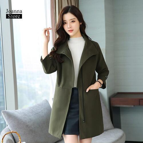 Faux wool winter coat women office ladies coats vintage elegant overcoat classic fall clothes woolen jacket green zipper outwear