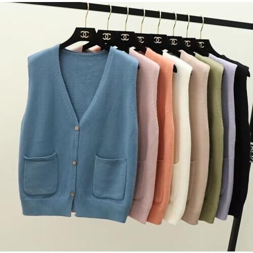 New Spring/Autumn Fashion Vest Coat Women Full Color Open Stitch Single Breasted With Pockets Design Knitted Waistcoat Female