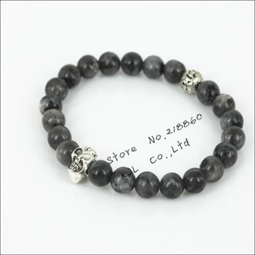 1pcs beaded cavemous skull head men beads bracelet with a silver color natural black iron ore stone bead charm women bracelet