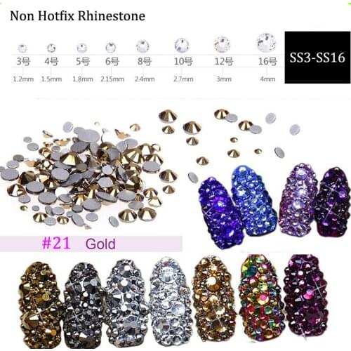 1440Pcs Glass/Crystal Nail Art Rhinestone Crystal Gold Ore SS3-SS16 Flatback Non Hot Fix Rhinestone Glue On For Nails (No.21)