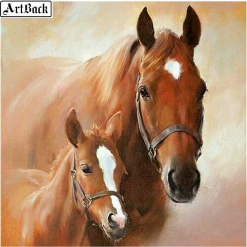 ARTBACK 5d diamond painting horse mother and son pictures full round animal diamond embroidery sewing crafts 3d mosaic