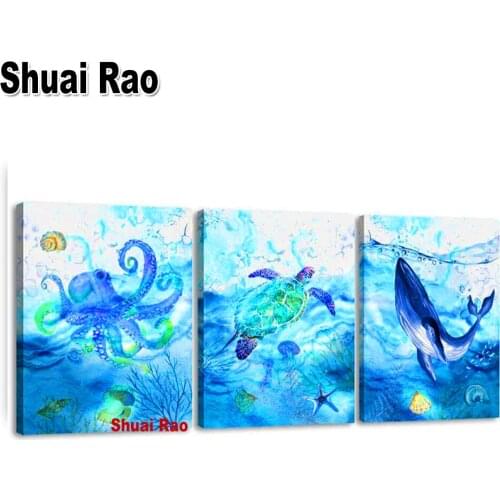 3 pieces Blue Ocean Animal 5D diamond painting Cross Stitch full square round drill diy embroidery triptych Sea Turtle Shark Art