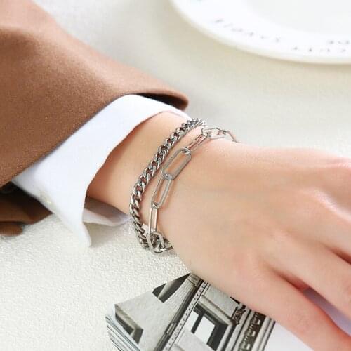 DOUBLE CHAIN LINK BRACELET FOR WOMEN STAINLESS STEEL SILVER COLOR PAPERCLIP BRACELET WITH CUBAN CURB LINK LAYERED JEWELRY