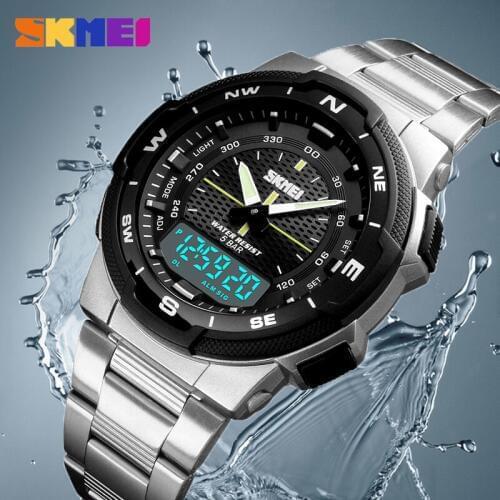 SKMEI Mens Watches Fashion Sport Chronograph Digital Quartz Stainless Steel Clock Business Waterproof Wristwatch Montres Homme