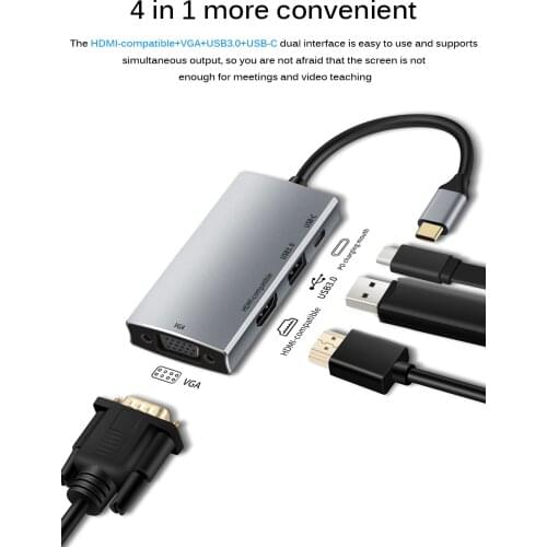 4 in 1 Type C Docking Station Type C to HDMI-Compatible/VGA/PD Power/USB 3.0 Converter Adapter Splitter Docking Station USB HUB
