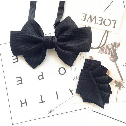 Black Mens Pre-tied Bow Tie Set Solid Stripe Two Layer Brooch Neckties For Man Blue For Wedding Office Christmas Bow Tie