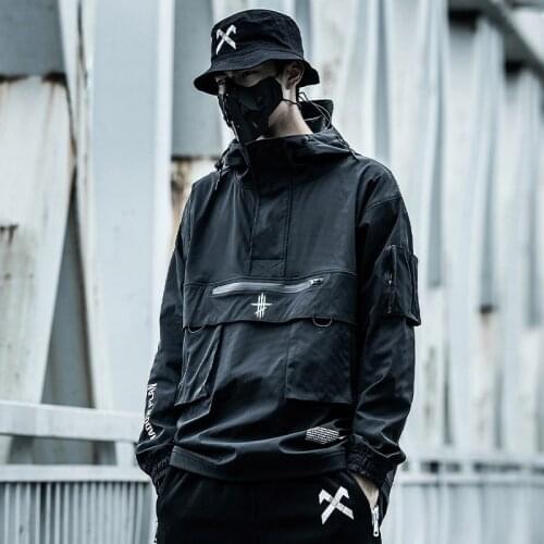 Techwear Reflective Cargo Jacket Coats Men Streetwear Tactical Function Pullover Harajuku Multi-Pocket Hoody Male Windbreaker
