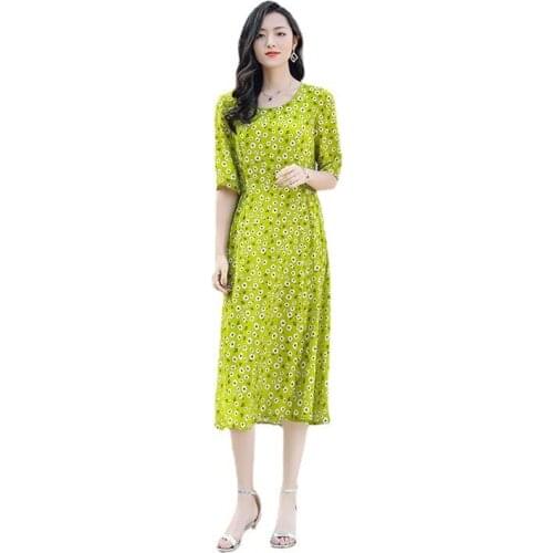 L21CT0007 New 2021 Spring Yellow Floral Elegant Graceful Drawstring Waist Trimming Loose plus Size 100% Silk Dress