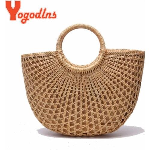 Yogodlns Summer Straw Handbag Large Capacity Beach Bag Handmade Woven Shoulder Bag Rattan Totes Bag Travel Lady Straw Bolsas