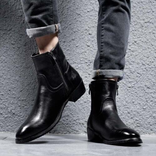 Masorini Chelsea Genuine Leather Boots Men Pointed Toe Boots Rubber Mid-Calf Zip High Top British Style Fashion Shoes WW-139