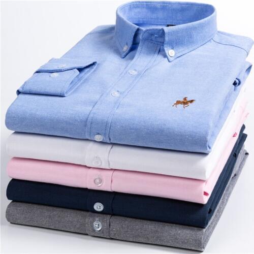 Mens Long Sleeve Oxford Plaid Striped Casual Shirt Front Patch Chest Pocket Regular-fit Button-down Collar Thick Work Shirts