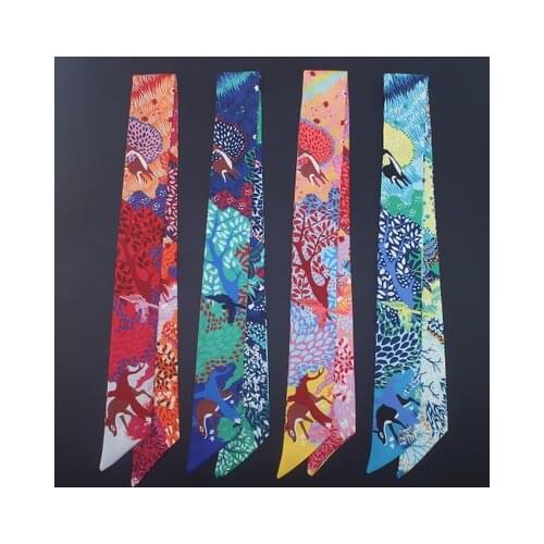 90*5cm New Style Tropical Rainforest Deer Printing Small Ribbon Tie Bag Handle Silk Scarf Hair Band Neckerchief