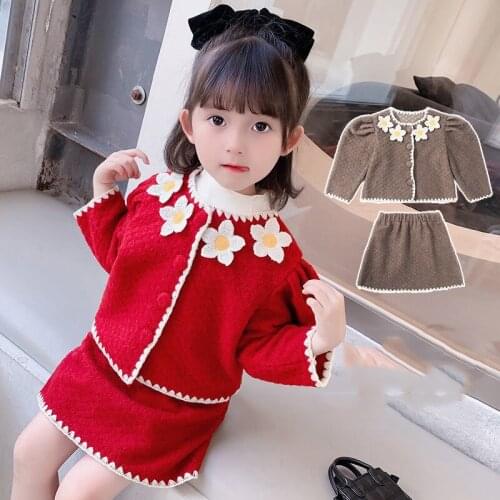 Autumn and Winter Childrens Sweater Suit Girls Floral Woolen Long-Sleeved Jacket + Short Skirt 2 Pieces Of Girls Clothes Suit