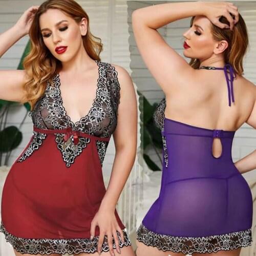 Plus Size Night Sleep Dress Nighties for Women Underwear Lingerie Sling Lace Embroidery V-Neck Sexy Nightdress Lenceria Femenina