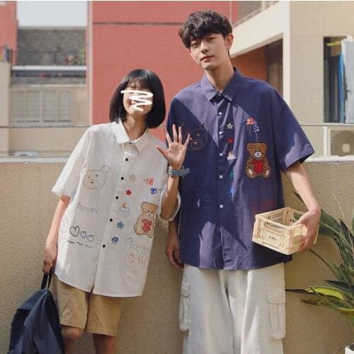 New Summer Couple Short-sleeved Shirt Hip-hop Retro Bear Embroidery Men Women Bf Shirts Street Fashion Loose Casual Men Clothing