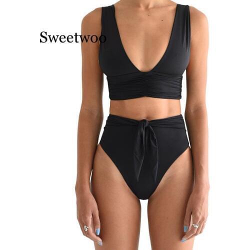 Deep V-neck Swimwear Women High Waist Bikini Set Solid Bathing Suit 2020 Fashion Summer Bathers Knot Swimsuit Female Biquini New