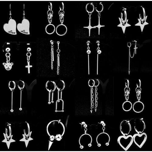 SOHOT Tassel Multi-layer Chain Heart Star Bear Triangular Hoop Drop Earrings Zipper Cross Unisex Man Chic Metal Rock Punk Party
