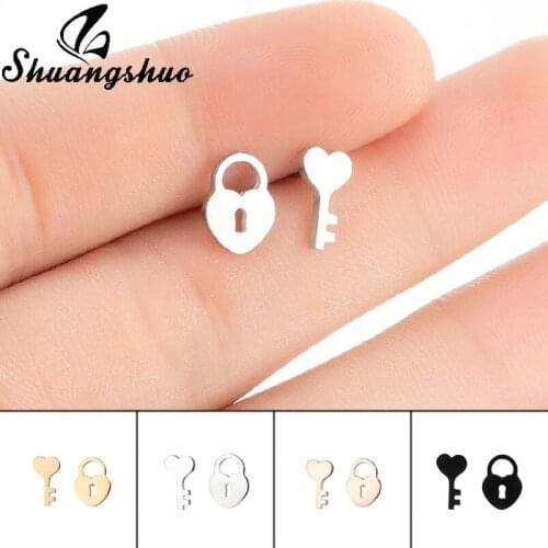 Shuangshuo Stainless Steel Earrings for Women Accessories Jewelry 2021Romantic Lock Key Piercing Stud Earrings Valentine Gift