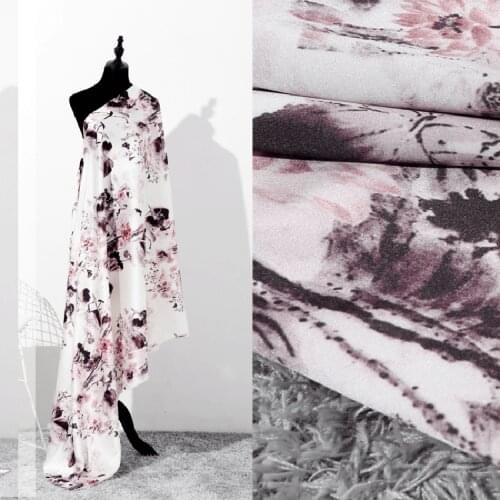 108CM Wide 19MM Purple Lotus Print Stretch Silk Satin Fabric for Summer Long and Short Dress Shirt Pants Y024