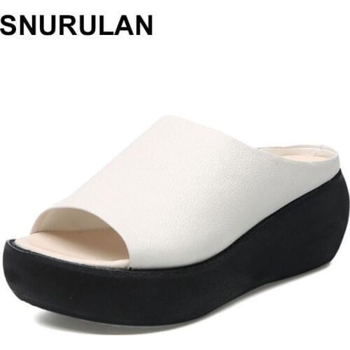 SNURULAN Summer woman2020 new genuine leather retro handmade ladies beach shoes wedges platform pee toe women leather sandals
