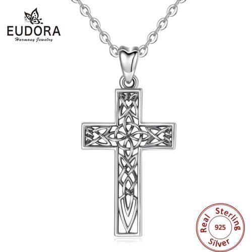 EUDORA Unique 925 Sterling Silver Cross Pendant Celtics Knot Necklace Fashion Women Man Jewelry Cross Charm with gift Box CYD442