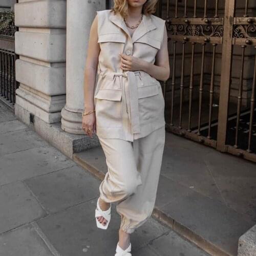 XEASY 2021 Women Two-Piece Set Vintage Tooling Style Casual Drawstring Vest Female High Waist Elastic Hem Trousers Pants Set