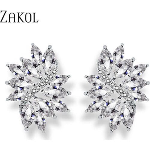 ZAKOL Delicate Cubic Zircon Crystal With White Color Handmade Fashionable Flower Stud Earring For Women Wedding FSEP480