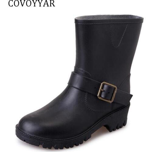 COVOYYAR 2019 Women Rain Boots Spring Autumn Mid-calf Lady Rubber Boots Black Buckle Anti-slip Block Heel Slip on Shoes WBS413