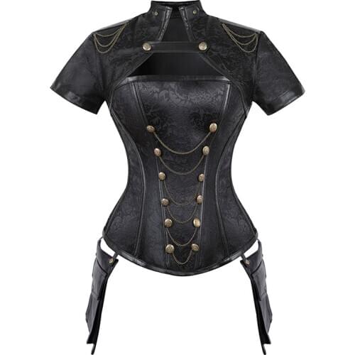 Steampunk Corset Gothic Steel Boned Flora Punk Bustiers Women Cut Out Chains Buttons Corselet Short Sleeve Bustier Tops