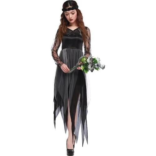 Adult Black Lace Women Halloween Ghost Corpse Bride Costume Female Zombie Walking Dead Scary Cosplay Purim Role Play Party Dress
