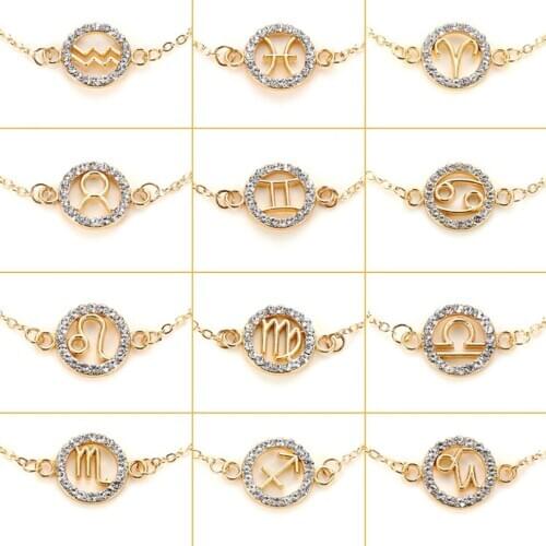 Fashion Inlaid Crystal Round Bracelets Delicate Zodiac Sign Circle Bracelet Bangle Gold Color Alloy Chain Bracelet Women Jewelry