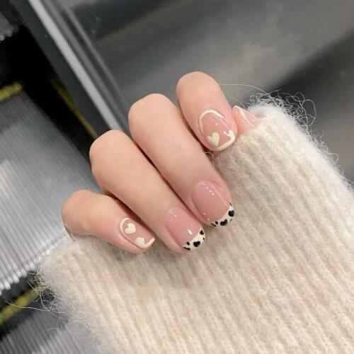 24pcs Fake Nails With Glue Love Heart Leopard Print Type Fashion Manicure False Wearable Short Nails Press On Gifts For Girl DL