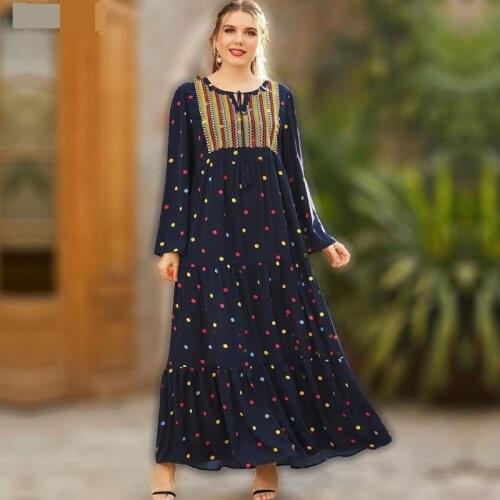 Abaya Oversized Size Womens Embroidery Long-sleeved Folds Retro Ethnic Style Polka Dot Printing Ethnic Casual Dress Muslim