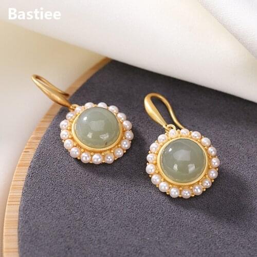 Bastiee 925 Sterling Silver Earrings For Women Office Lady Drop Dangle Earings Fashion Jewelry Gold Plated Jade Pearl Round