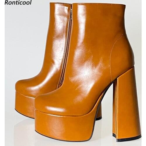 Ronticool Women Winter Platform Ankle Boots Hoof Heels Round Toe Gorgeous Red Fuchsia Black Party Shoes Women Plus US Size 5-15