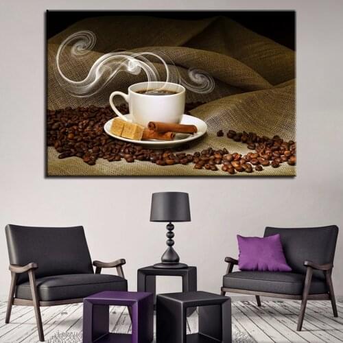 1 Piece Steaming Coffee Paintings Coffee Bean Cup Poster Kitchen Wall Art Framework Canvas Pictures Home Decor HD Printed