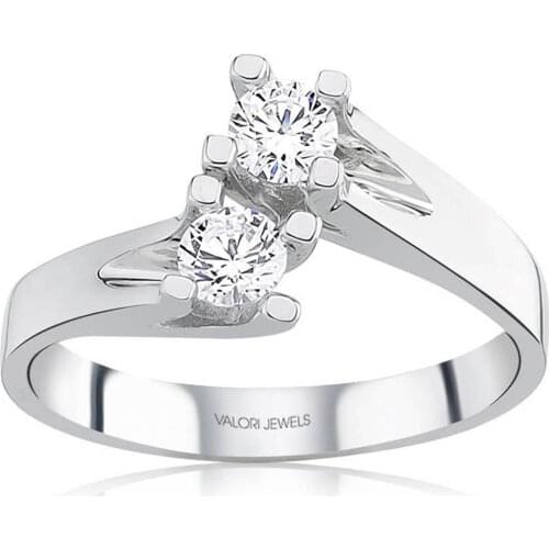 Valori Jewels 0.56 Carat, Zirconia White Round Gemstone, Rhodium Plated, Two Stone Ring