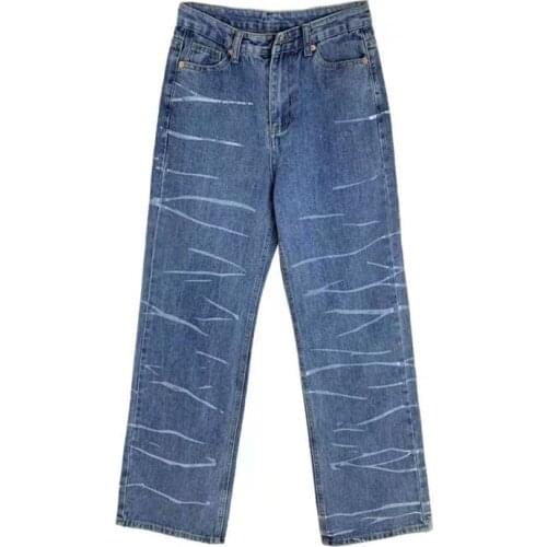 Jeans Women Summer Trousers Cotton Vintage Washed Loose High Waist Wide Leg Pants Female Stripe Printing Straight Cowboy Man