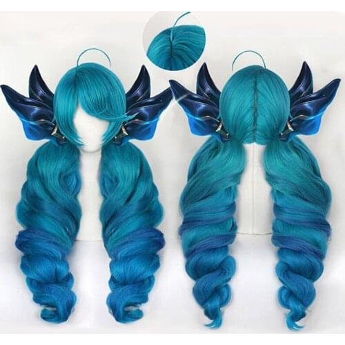 Game LOL Gwen Cosplay Gradient Blue Wavy Double Ponytail Heat Resistant Synthetic Hair Halloween Carnival Party + Free Wig Cap