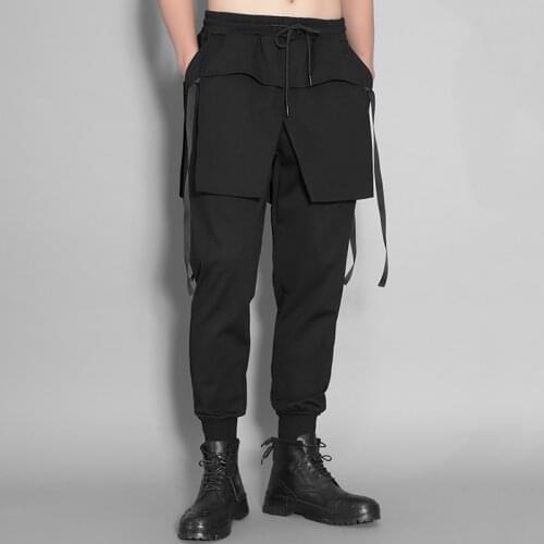 Trendy dark three-dimensional cut with fake two pieces of stitching leisure feet nine sports pants men autumn and winter