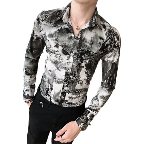 Mens Long Sleeve Shirt 2021 Spring High Quality Korean Casual Printed Slim Nightclub/Banquet/Prom Dress Mens Clothing Shirt