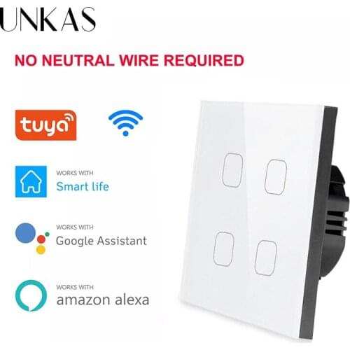 UNKAS No Neutral Wire Required 1 2 3 4 Gang Wifi Wall Light Touch Switch EU 220V Tuya Smart Home Support Alexa Google Home
