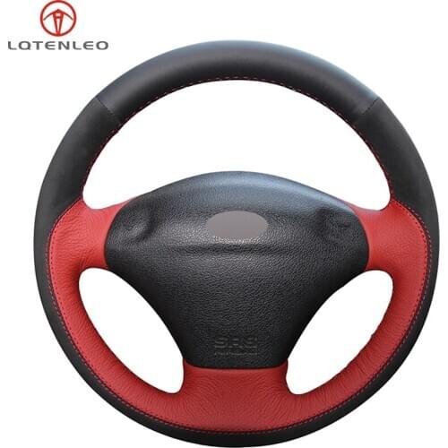 LQTENLEO Red Black Genuine Leather Black Suede Hand-stitched Car Steering Wheel Cover For Ford Fiesta 4 1996-2006 Mk4 1996-2006