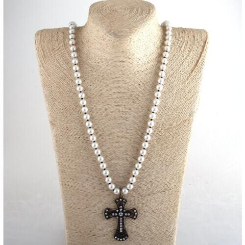 MD Fashion Bohemian Tribal Jewelry 8mm Glass Peatl Long Knotted Metal Cross Pendant Necklaces