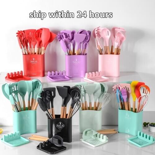 Silicone Cooking Utensils Set Non-Stick Spatula Shovel Wooden Handle Cooking Tools Set With Storage Box Kitchen Tool Accessories