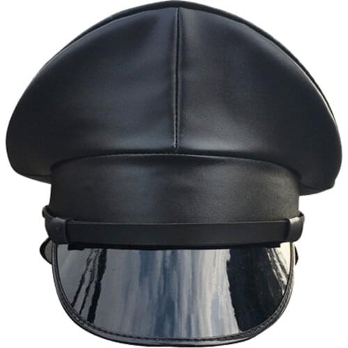 Thailand Military Cap PU Leather Hat Performance Stage Show Night Bar Hat Adult Men Black Military Hats